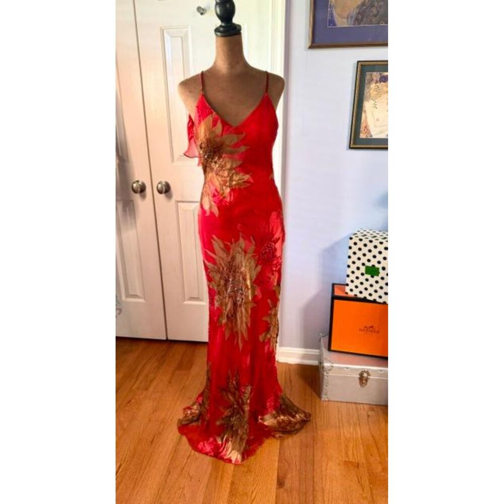 Vintage Y2K Sue Wong Nocturne Red Silk Beaded Ruffle Gown Size 6